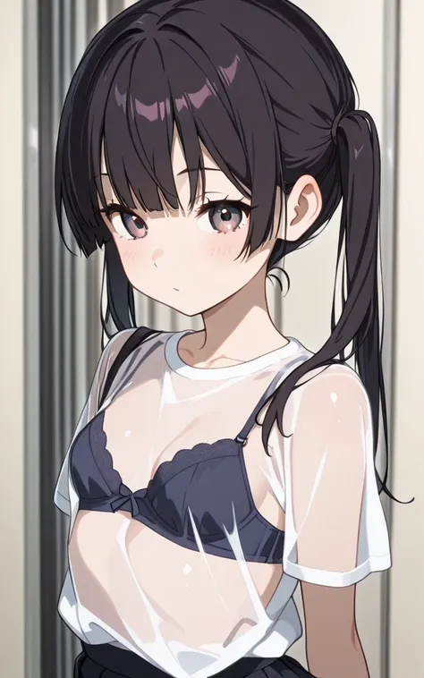  twin tails、bra see-through、 small breasts、Student clothes