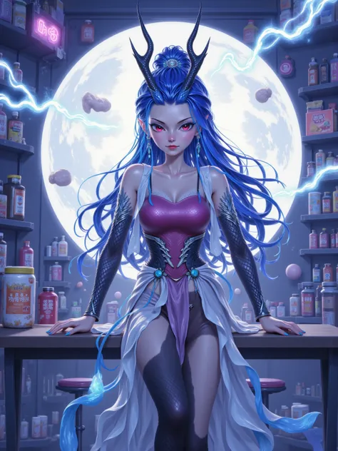 Aorun leans on convenience store counter, zapping onigiri back to steam. Her electric glare slams doors shut on rowdy customers. Security cameras catch expired ramen packets floating in defensive formations as she whispers to instant noodle shelves.