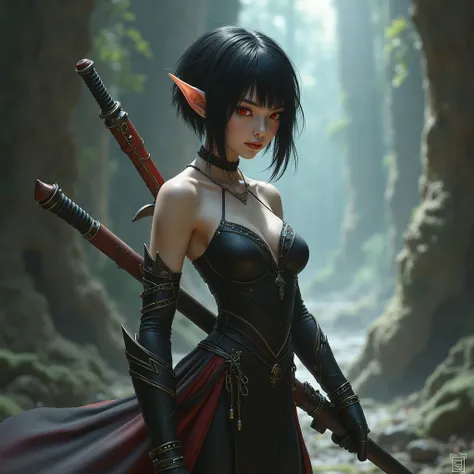 A young elf with short black hair that reaches her shoulders, ruby ​​red eyes, white skin, wearing a long but tight dress, large breasts, holding a rifle and a dagger.