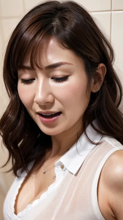 do,  top quality, ( high-definition CG Unity 8K wallpaper ), ( top quality), edge orgasm 、faceフォーカス、 woman with her mouth open and her eyes closed、A woman with an edge_face、48 years old、 brown hair、 bathroom、((sweat) ),((sweatで光る肌))((sweatで光る鎖骨,sweatで光るfac...