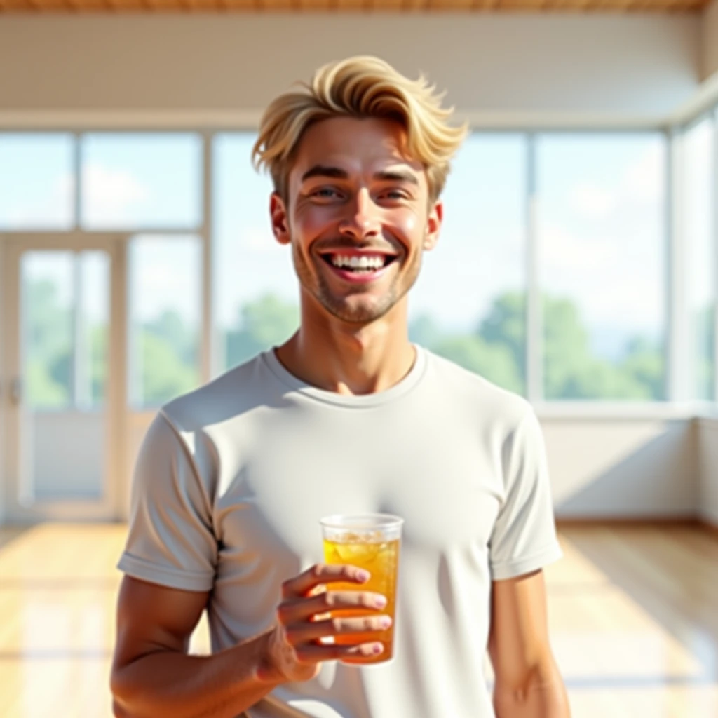 blond guy in a white t-shirt smiles in a bright gym with a glass in his hand