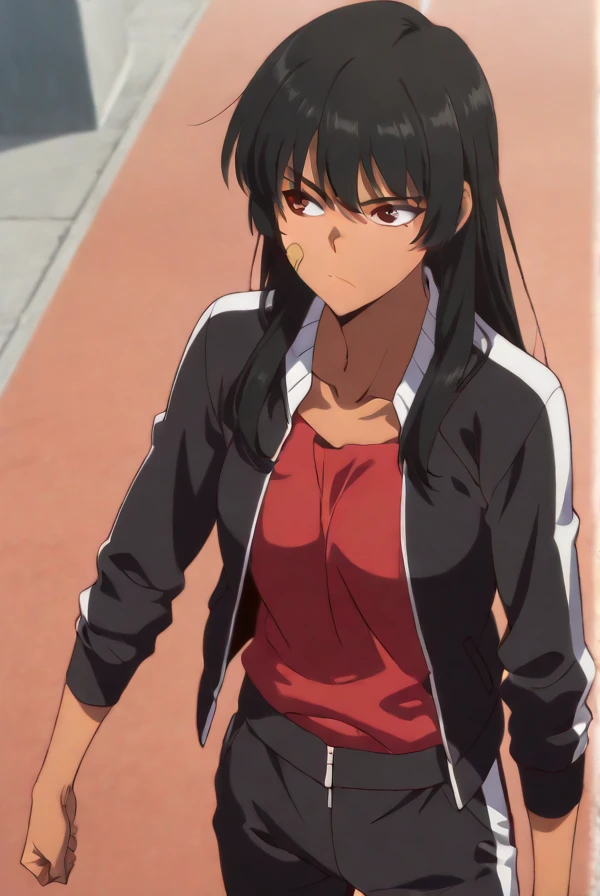 Masterpiece, best quality, source_anime, anime screencap, anime coloring, anime screencap, 1girl, solo,black hair, long hair, brown eyes, red eyes, bandaid on cheek, dark skin
collarbone, track jacket, black jacket, long sleeves, red shirt, track pants, bl...