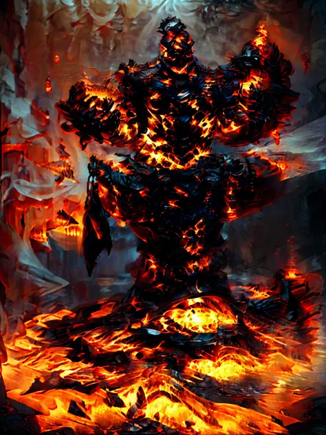 Heavily Muscled Man, Bald, Darkened Flame Touched Skin, Glowing Orange Eyes, Wearing Flame Scarred Molten Armor, Flame Scarred Molten Gauntlets Aflame, Standing in a Blacksmith's Forge, Forge Fires light the scene