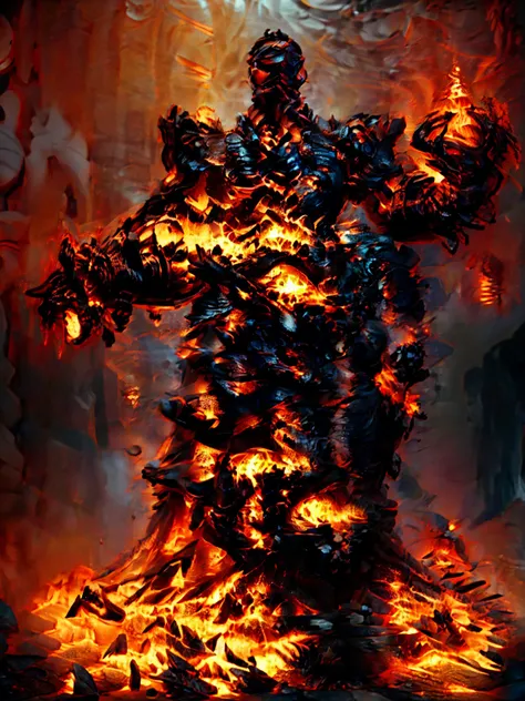 Heavily Muscled Man, Bald, Darkened Flame Touched Skin, Glowing Orange Eyes, Wearing Flame Scarred Molten Armor, Flame Scarred Molten Gauntlets Aflame, Standing in a Blacksmith's Forge, Forge Fires light the scene