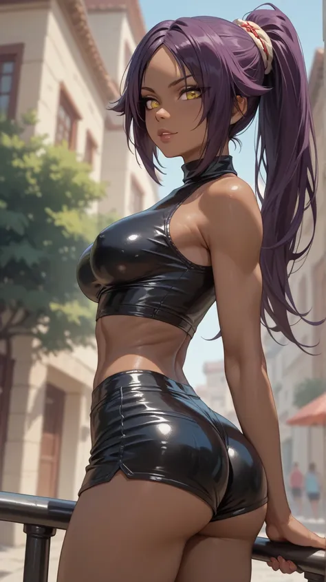 shihoin yoruichi, slim body, high-wasted latex shorts, big butt, solo, 1girl, high resolution, uhd