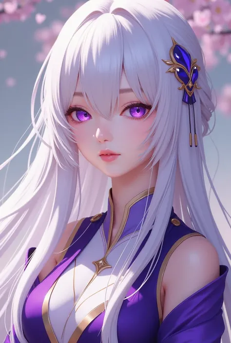 a close up of a person with long white hair and a purple dress, heise jinyao, yun ling, portrait knights of zodiac girl, a beautiful fantasy empress, keqing from genshin impact, zhongli from genshin impact, anime goddess, white hime cut hairstyle, game cg,...