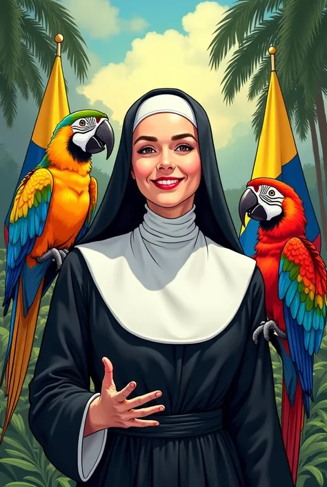 Make a comic book cover of a nun arriving in Venezuela, Place flags of Venezuela around, The happy nun centered in the center and macaws