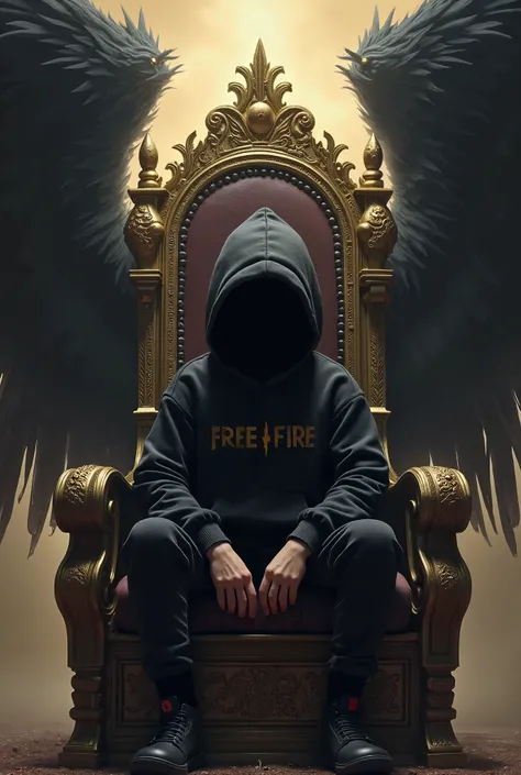 A middle age boy with black hoodie is sitting on the king's chair with background wings and dark theme golden letter" free fire" 