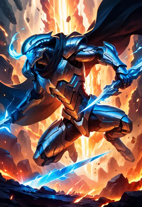 masterpiece, best quality, high resolution, absurdres, incredibly detailed, flawless, score_9, score_8_up, score_7_up, 1male, space warrior in sleek metallic armor with glowing blue accents and intricate engravings; the armor features a flowing black cape ...