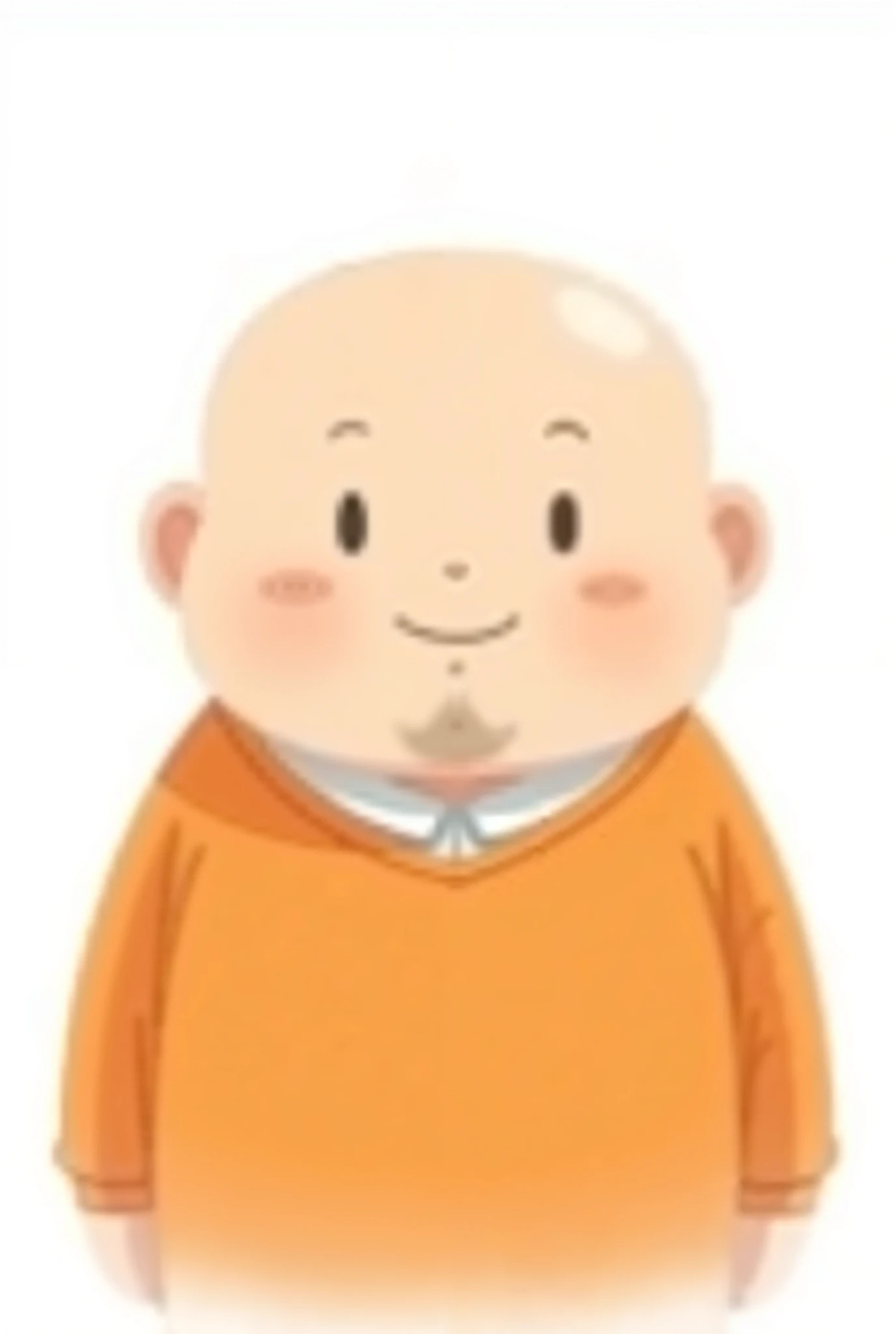 A chubby, bald cartoon character with a round face, small eyes, and a friendly, subtle smile. He has a short beard stubble and is wearing an orange sweater with a white collar peeking out. The illustration style is clean, simple, and slightly exaggerated, ...