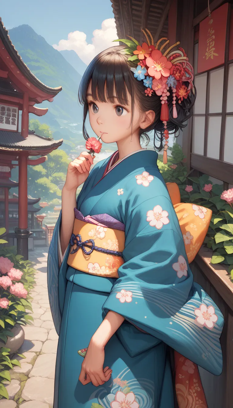  similarly  skirt,  1 girl, Alone, Outdoors,   cute japanese model girl, Floral,  hair ornament,  kimono,  similarly , bangs,  masterpiece,  top quality,