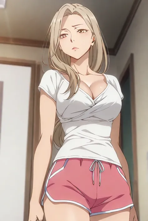 Masterpiece, best quality, source_anime, anime screencap, anime coloring, anime screencap, 1girl, solo,mature female, long hair, brown eyes, blonde hair, light brown hair
white shirt, cleavage, collarbone, short sleeves, short sorts, pink shorts, dolphin s...