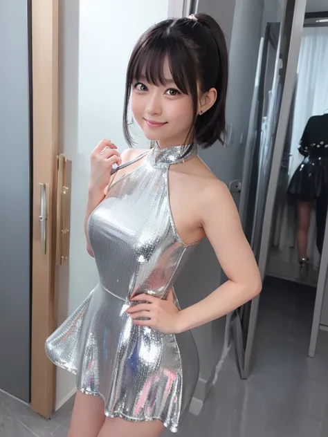 ( idol :1.3)、Short ponytail、  black hair、Photo shoot at a luxury hotel、ラテックス素材の Prism Metallic Dress 、(超タイトなラテックス Prism Metallic Dress :1.5)、  Very Short Skirts 、Japanese people photography、ラテックス Prism Metallic Dress 、ultra reflective latex prism metallic ...