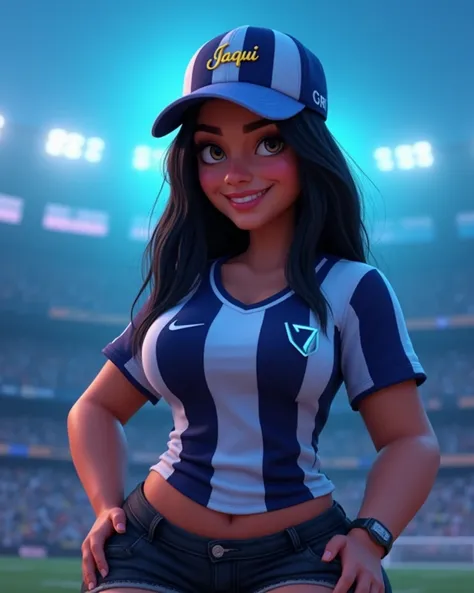  Create an image of a voluptuous young Latin American girl,white-skinned smiling Pixar style , seated
Above, a small blouse , with vertical dark blue and white stripes , The number"7" On the left side of the chest , On the right side Nike,  small waist rip...