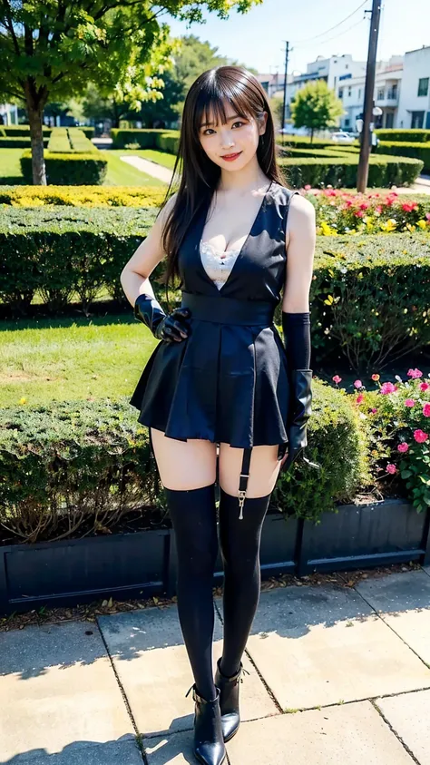 (8k、 RAW Photo、 top quality、 Masterpiece:1.2)、( by Nomi、 by Nomi)、1 person、(( black& white 、pink sleeveless、 big cleavage、tights、 gloves、 garter ring、  black miniskirt 、 medium hair、smile、garden、 Bbo~、whole body、 Read more、 standing with hands on hips))、 c...