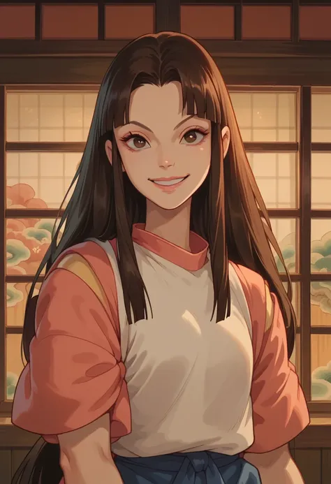 Lin,1girl,solo,long hair,black hair,japanese clothes,upper body,indoors,smile,looking at viewer