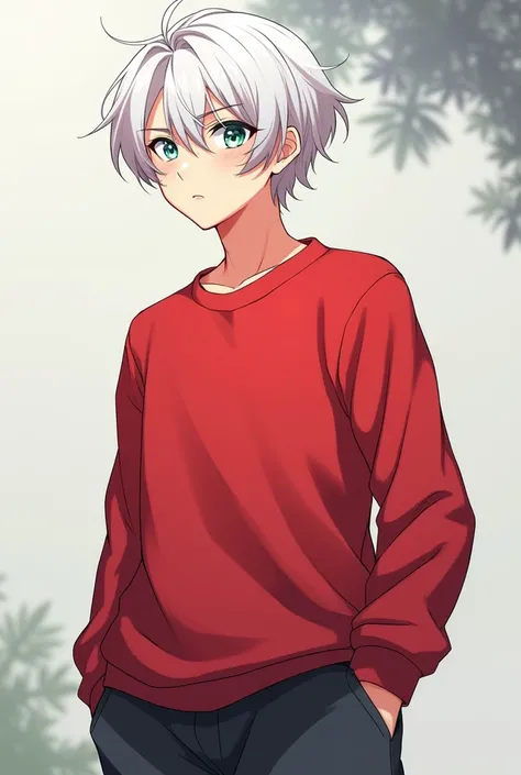  Create a male anime character with a unique trait.  white hair, heterochromia blue and green. red sweatshirt, half-gray, youthful-looking black pants 