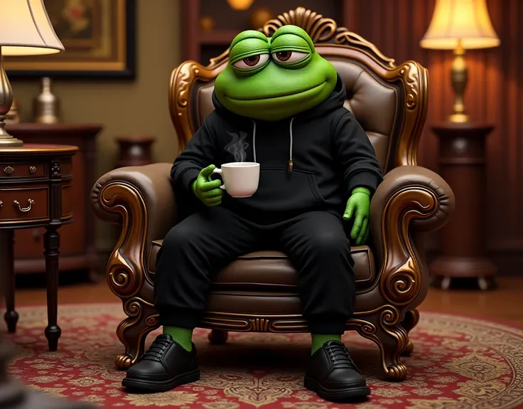 purple pepe the frog, wearing black hoddy, wearing black sneakers, hold coffee cup with single hand, luxury old money style room , sit on sofa , rich theme