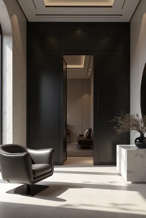 Professional architectural perspective and three-dimensional rendering of the interior design of the entrance of a very large luxury and very modern and very minimal apartment with a very modern and very minimal cubic shaped metal chair with a dark silver ...