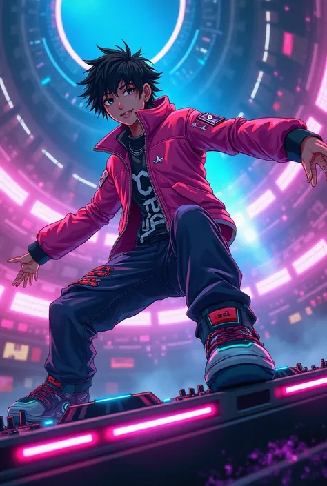 Make it anime style: a futuristic DJ, with clothes with neon details.