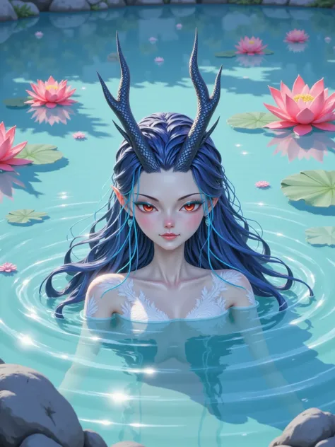 Aorun, An ethereal girl emerges from shimmering turquoise water, her skin pale and her long, deep blue wavy hair cascading down her back. Her piercing red eyes contrast with her pale, delicate complexion, giving her an otherworldly appearance. Two large, c...