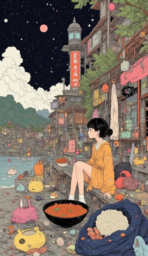 A large expanse of water in space, beautiful landscape. beautiful super gigantic huge realistic Bibimbap\(korean rice bowl with Namul and kimchi\) as large as universe. photogenic. focus Bibimbap,close up gigantic Bibimbap. korean girl and korean local old...