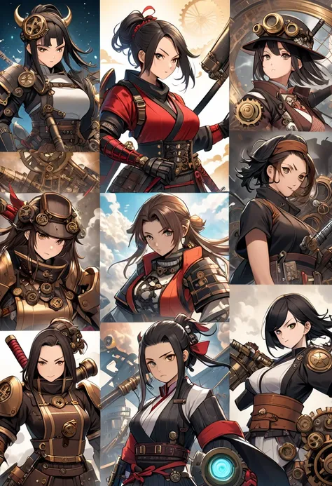 A cosmic scene with a blend of industrial and celestial elements featuring gears steam and mechanical components, Female characters from Demon Slayer reimagined as samurai warriors and ninjas with steampunk-inspired designs, Mechanical armor with steampunk...