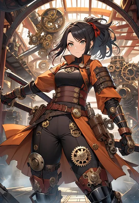 A cosmic scene with a blend of industrial and celestial elements featuring gears steam and mechanical components, Female characters from Demon Slayer reimagined as samurai warriors and ninjas with steampunk-inspired designs, Mechanical armor with steampunk...