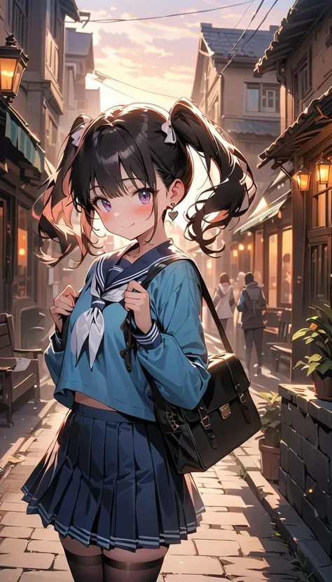 ( beautiful girl : 1.3), 1 girl,( sailor suit, Long Sleeve, check skirt, muffler, stockings, loafers, earrings), black hair, twin tails,smile,panic, is bashful,blush, offer a package containing chocolate, Valentine's Day , student bag,evening,Town,masterpi...