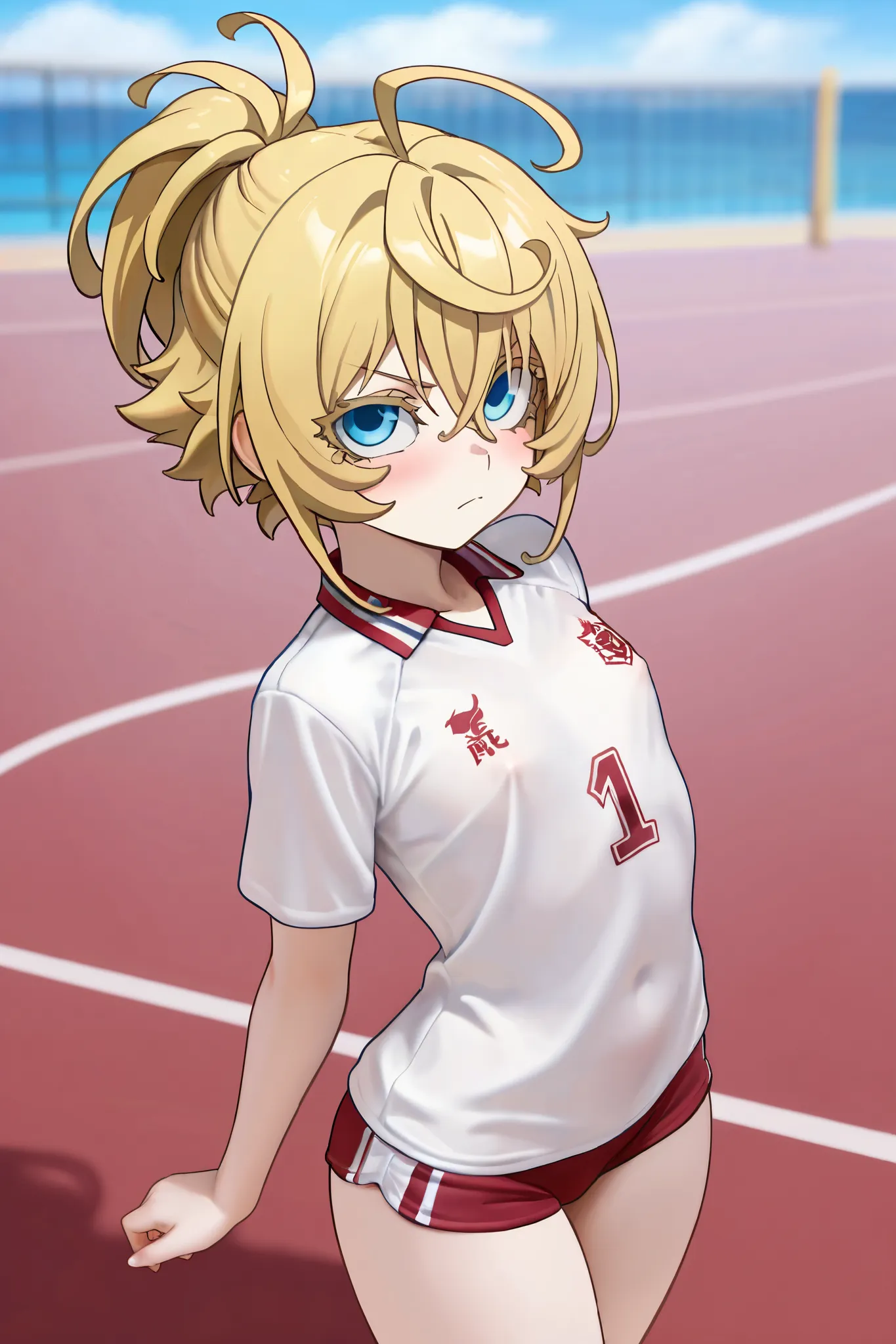 NSFW, Masterpiece, top quality, Hi-Res, very detailed, Tanya DeGrechaff\(Young Women's Volleyball\), short hair、 blue eyes、 blond hair、 、 side lock、stupid hair、 ponytail、ショート ponytail,uniform