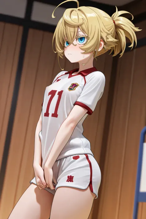 NSFW, Masterpiece, top quality, Hi-Res, very detailed, Tanya DeGrechaff\(Young Women's Volleyball\), short hair、 blue eyes、 blond hair、 、 side lock、stupid hair、 ponytail、ショート ponytail,uniform