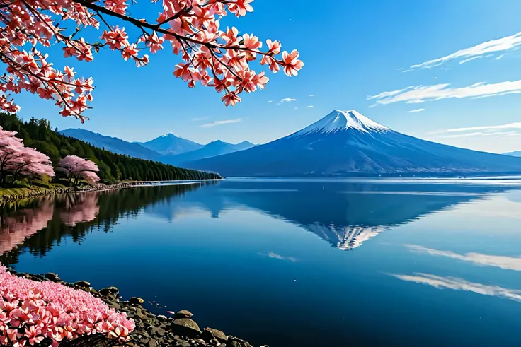 Mount Fuji Reflection on the lake cherry blossoms