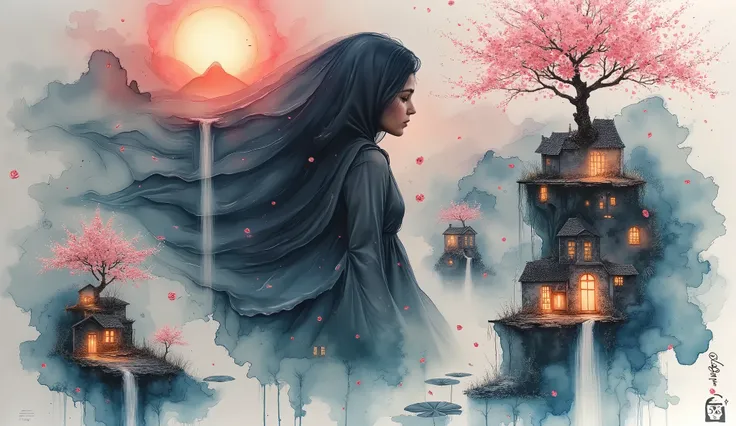 Captivating double exposure image, blending together a post apocalyptic ruined city and the profile of woman dressed in long veils, The ruined city should serve as the underlying backdrop, with its details subtly incorporated into the contours of the perso...