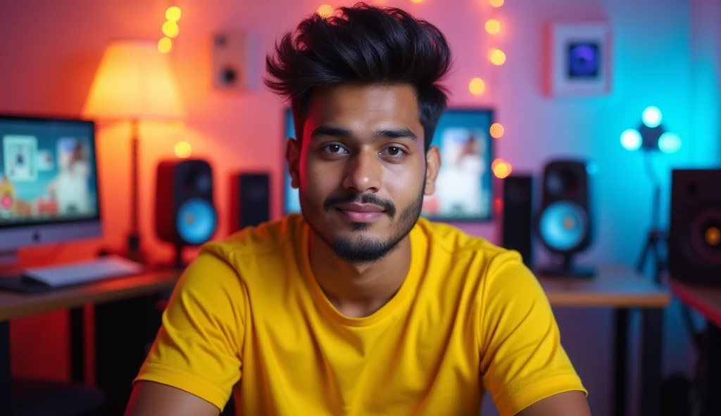 A realistic portrait of a 23-year-old Indian boy sitting in his YouTube studio. He has a round face with a slightly darker complexion and a stocky build. He is wearing a vibrant yellow t-shirt that contrasts with the colorful backdrop of the studio, which ...