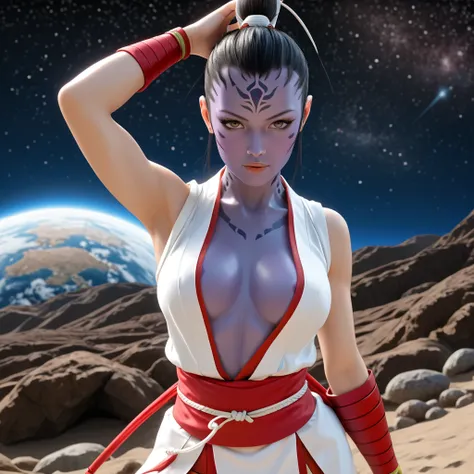 female Samurai alien in Space, samurai costume, covered small breasts, giga_busty, 