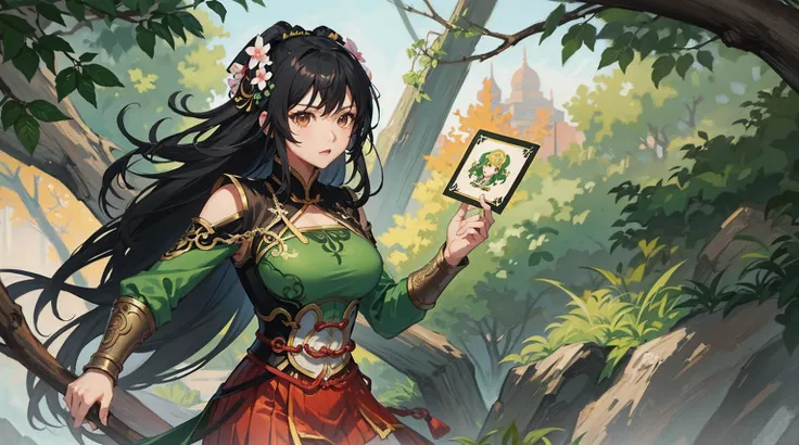 Guan yinping, fighting stance, serious, huge breasts, black hair, brown eyes, hair ornament, hair flower, green top, looking at viewer, forest, half body, holding card, long black socks, standing, upper body