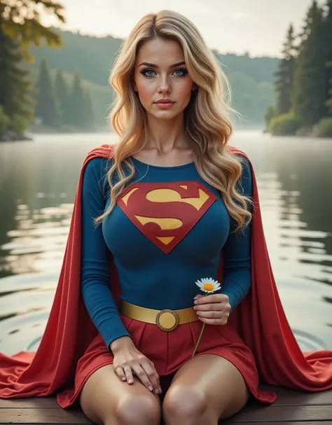 PHOTO REALISTIC DREAMY BLUE EYES. A VERY CUTE BLONDE GIRL, HER BABY BLUE EYES GLISTENING IN THE SUNLIGHT, LARGE BREASTS, HAIR UP IN A ELEGANT FORM, CLARK KENT GLASSES, WEARING A THICK BLUE CORDROY FABRIC 1970 SUPERGIRL COSTUME WITH A SHORT RED SKIRT AND RE...