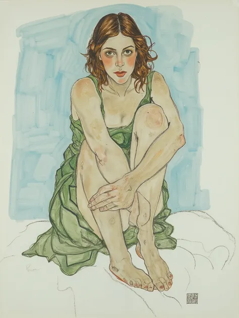 A masterpiece inspired by Egon Schiele, a sketch of a woman with a sense of languor, sitting with her knees hugged, brown shoulder-length hair, wearing a green sleeveless dress, barefoot, in a deliberately twisted pose, with sharp and powerful drawing that...