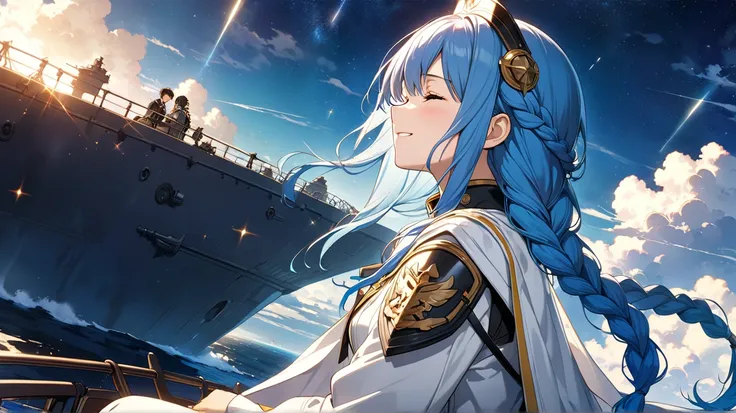 best quality, 1girl, helm, /(nikke/), very long blue hair, partially braided hair,  white uniform, short jacket, white cape, long for someone, crying, closed eyes,  light smile, upper body, from side, sitting on battleship, absurdres, highres, (official ar...