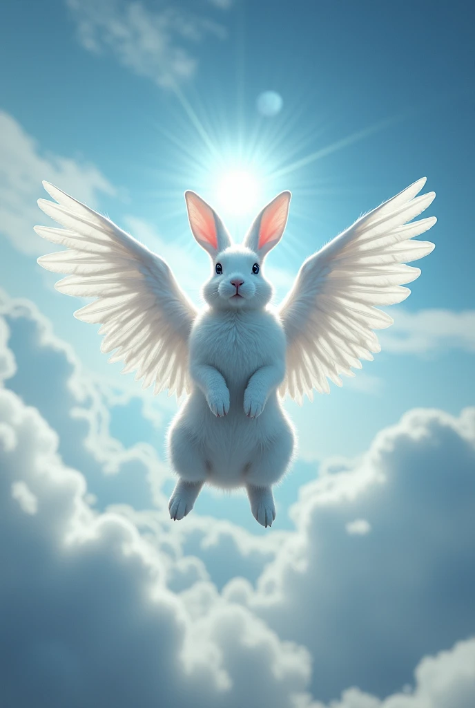  White rabbit with black eyelids and blue eyes with wings and aureole, Flying to the sky 