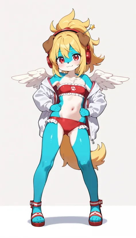 score_9, score_8_up, score_7_up, 1girl, solo, masterpiece, best quality, amazing quality, very aesthetic, absurdres, source furry, young, furry dog, cute hair, long wavy ponytail, wavy bangs, blonde hair, red eyes, looking at viewer, smile, two tone body f...