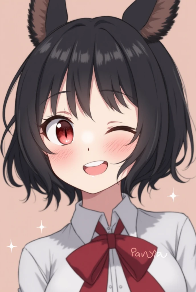  1 girl,  smiles,  black hair,  red eyes,  closed eyes,  open your mouth slightly, Beast Horns,  stick out your tongue,  Hi-Res,  Shortcut,  black hair, Squirrel Ears,  Glitter Effect ,  motion blur, anime, 