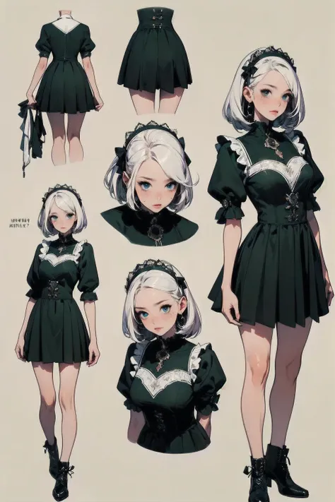  detailed face,  cute face, (( masterpiece)), ( top quality))), ( character design sheet,  national costume, Same character, Front , ~ side, return), shape, 1  girl, whole body,  Silver Hair, Eyes Hair,  beautiful eyes,  princess cut ,  Environmental chang...