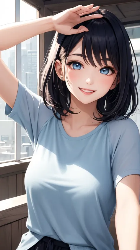 (masterpiece:1.3, best quality:1.3, ultra detailed:1.2)
(energetic beautiful girl:1.3, bright cheerful smile:1.3, vibrant expression:1.2)
(looking at viewer:1.2, dynamic angle:1.2, upper body:1.2)
BREAK (short dark blue hair:1.2, messy hair:1.2, hair movem...