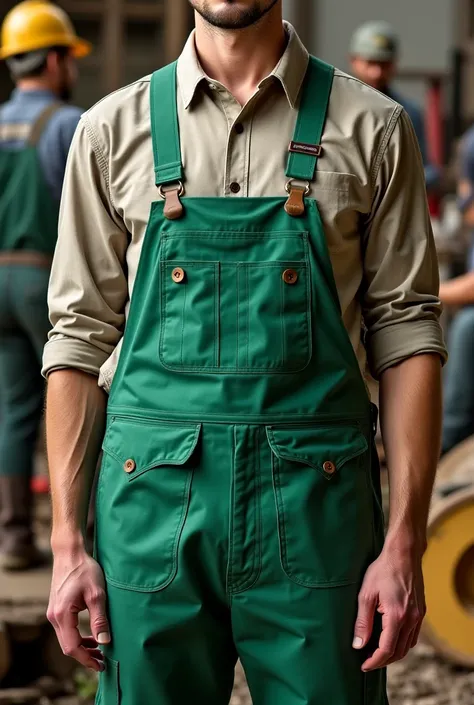  Green vest style construction uniform, with company logo and two pockets on the front 