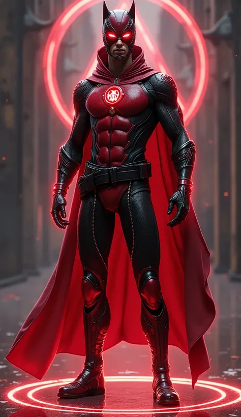 Full body photorealistic handsome hunky young slender futuristic male hero with red wearing a red and black micro scale textured costume with  black details with gloves and belt and boots and stylized eye mask.with embossed " WOLF " symbol and wristbands t...