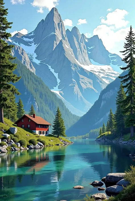  top quality, Swiss Beautiful Place Mountain, beautiful lake above lake water, like a painting , illuminated by the dazzling morning sun,4K, A cute red roof house illuminated by the dazzling morning sun is visible in the distance,The top of the mountain is...