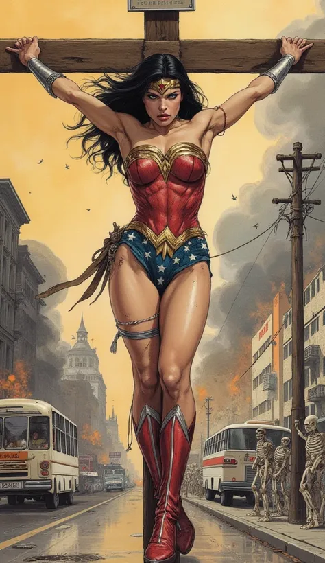 the detailed proportions and textures brushed multicolored and softened with airbrush, a semi-realistic Chinese ink illustrationof An exotic and strong beauty Wonder Woman She is crucified in the middle of the street (full body and combat pose, perfect fac...