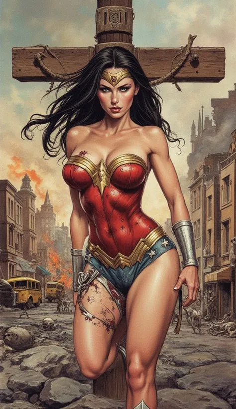 the detailed proportions and textures brushed multicolored and softened with airbrush, a semi-realistic Chinese ink illustrationof An exotic and strong beauty Wonder Woman She is crucified in the middle of the street (full body and combat pose, perfect fac...