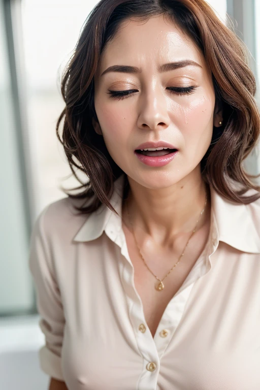 do,  top quality, ( high-definition CG Unity 8K wallpaper ), ( top quality), edge orgasm 、faceフォーカス、 woman with her mouth open and her eyes closed、A woman with an edge_face、48 years old、 brown hair、 bathroom、((sweat) ),((sweatで光る肌))((sweatで光る鎖骨,sweatで光るfac...